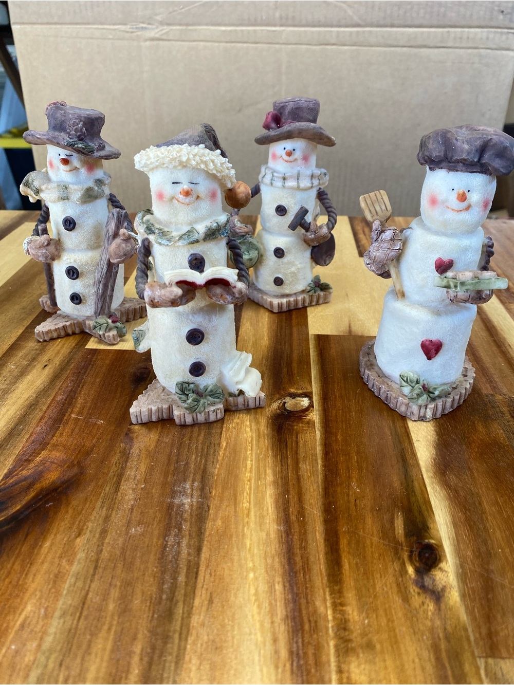 Set of 4 Snowman Christmas Figurines Resin Hand Painted Multicolor